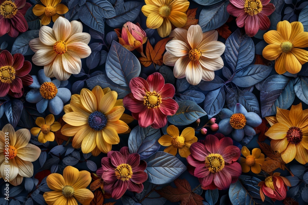 A sophisticated floral wallpaper with a black background, showcasing a bunch of leaves and flowers, providing ample copy space A sophisticated floral wallpaper with a black background, showcasing a bunch of leaves and flowers, providing ample copy space