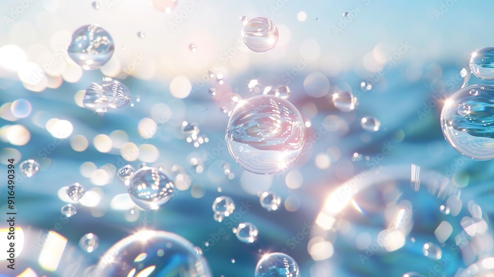 A cluster of bubbles floating above a body of water, illuminated by sunlight filtering through the clouds in the backdrop A cluster of bubbles floating above a body of water, illuminated by sunlight filtering through the clouds in the backdrop