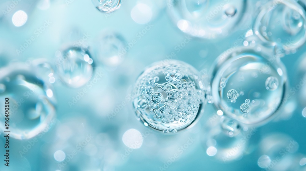 A cluster of air bubbles floats atop a deep blue sea, speckled with countless tiny water droplets A cluster of air bubbles floats atop a deep blue sea, speckled with countless tiny water droplets