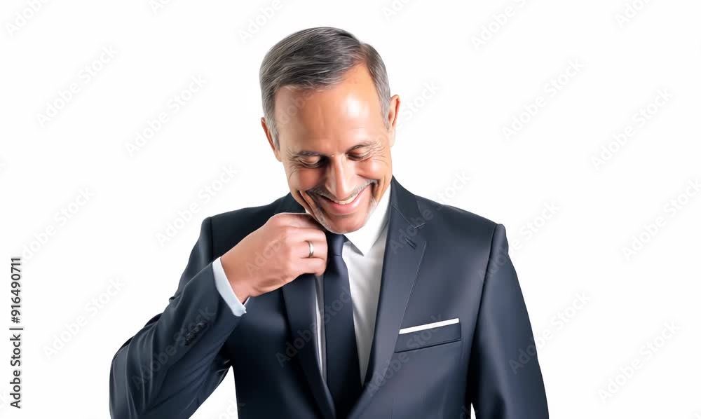Lifestyle portrait video of a pleased man in his 50s wearing a sleek suit against a white background Lifestyle portrait video of a pleased man in his 50s wearing a sleek suit against a white background