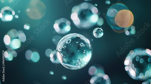  A cluster of bubbles floats above a blue-green backdrop with a golden disc at their center