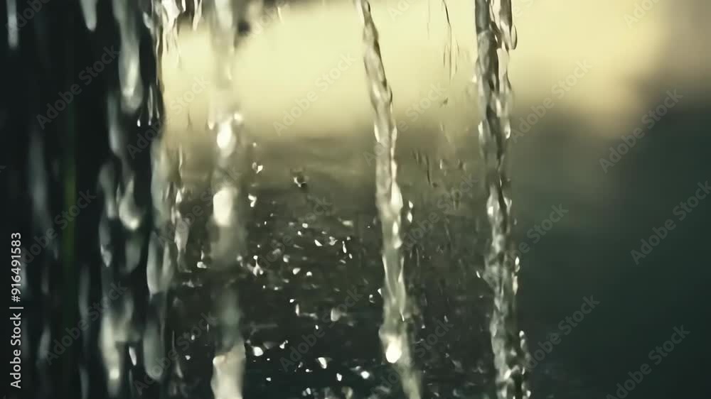 Dimly Lit Shower Scene: Water Flowing from Rainfall Showerhead with Grainy Texture Dimly Lit Shower Scene: Water Flowing from Rainfall Showerhead with Grainy Texture