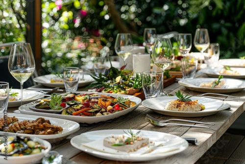 Outdoor party scene with a long table adorned with various dishes and glasses of wine, set for a formal dinner or special occasion, featuring exquisite tableware and a scenic outdoor setting