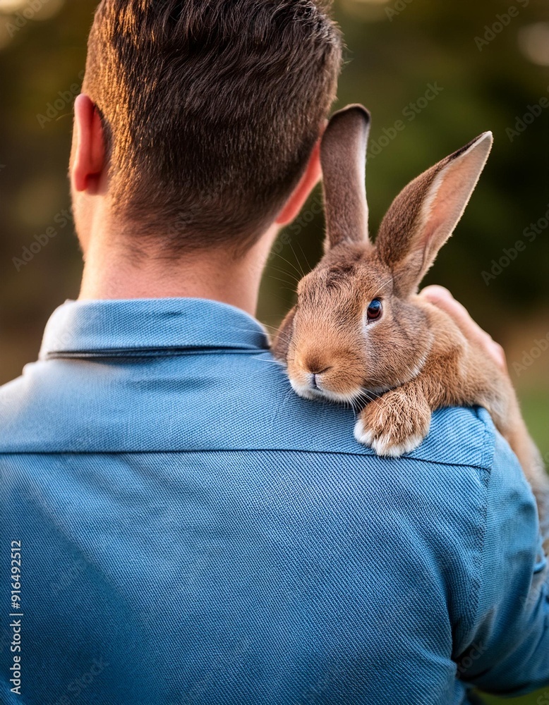 Naklejka premium young man cuddling a rabbit, AI generated