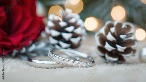   A pair of wedding rings resting on a white rug alongside a crimson rose and a pinecone