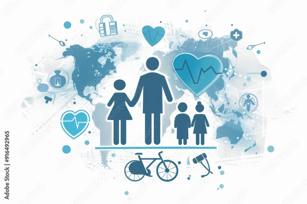 Abstract representation of insurance protection with family and healthcare icons, symbolizing well-being and security Abstract representation of insurance protection with family and healthcare icons, symbolizing well-being and security