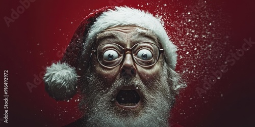Surprised Santa Claus with Wide Eyes on Red Background: Festive Holiday Portrait