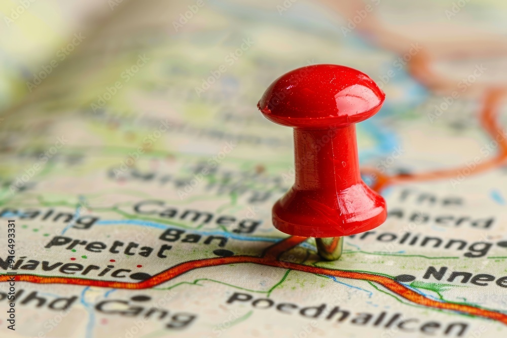 Red Push Pin Marking a Destination on a Road Map, Travel, Adventure and Journey Concept, Red Push Pin Marking a Destination on a Road Map, Travel, Adventure and Journey Concept,