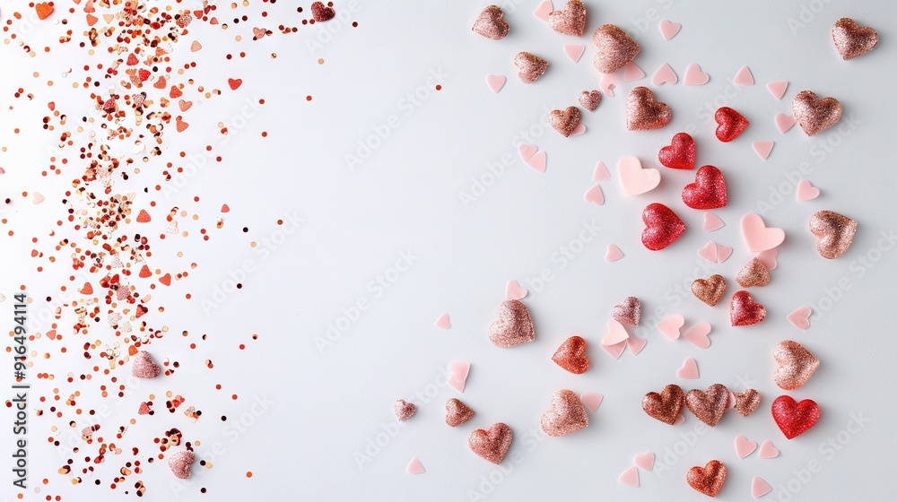 A white table topped with lots of pink and red heart-shaped confetti A white table topped with lots of pink and red heart-shaped confetti