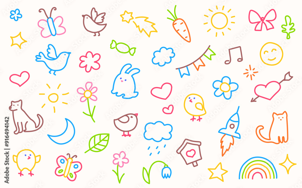 Children colored doodles background. Cute kid scribble line hand drawn. Doodle sketch childish element set. Vector illustration isolated on white. Children colored doodles background. Cute kid scribble line hand drawn. Doodle sketch childish element set. Vector illustration isolated on white.