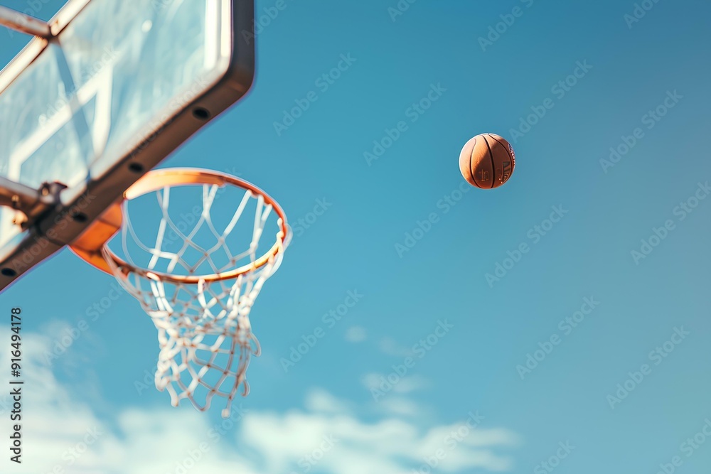 basketball going through the hoop on blue sky background. Minimalistic, copy space concept. basketball going through the hoop on blue sky background. Minimalistic, copy space concept.