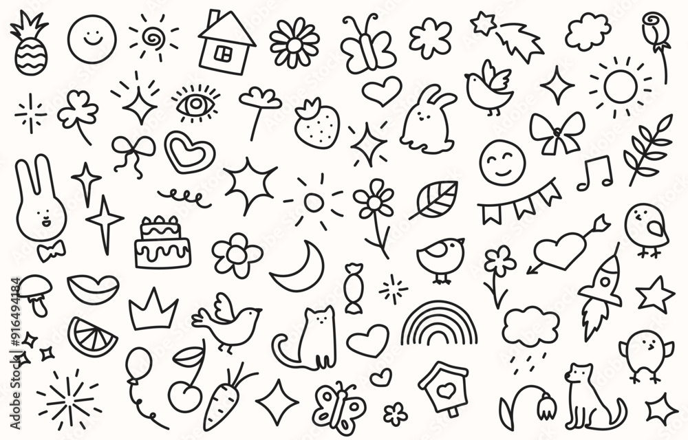 Children's hand drawn doodles background. Ink drawing with kids style. Sun, stars, flares, heart, rainbow, butterfly, flower, bird. Vector illustration isolated on white background