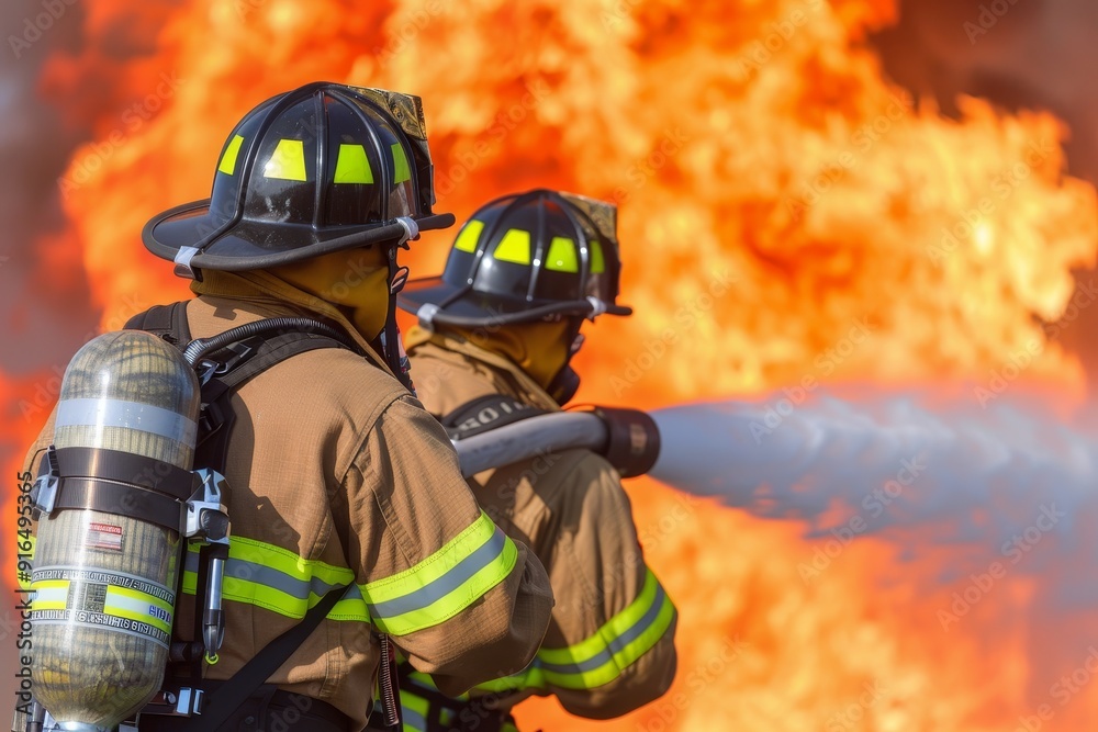 Two Firefighters in Full Gear Battling a Raging Inferno, Courage in the Face of Danger Two Firefighters in Full Gear Battling a Raging Inferno, Courage in the Face of Danger