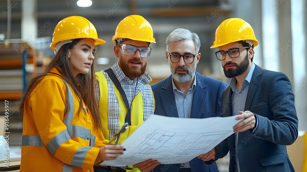 Team of Engineers Reviewing Blueprint - Realistic Image Team of Engineers Reviewing Blueprint - Realistic Image