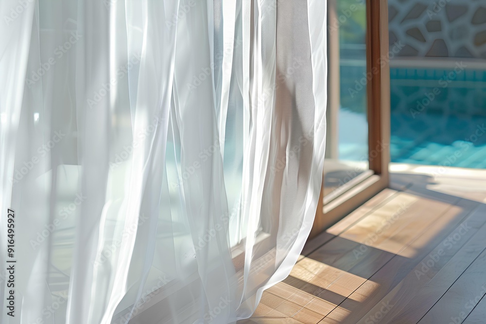 modern curtains on the window, floor to ceiling glass with swimming pool outside, wooden flooring, beige and white color scheme, minimalist interior design style modern curtains on the window, floor to ceiling glass with swimming pool outside, wooden flooring, beige and white color scheme, minimalist interior design style