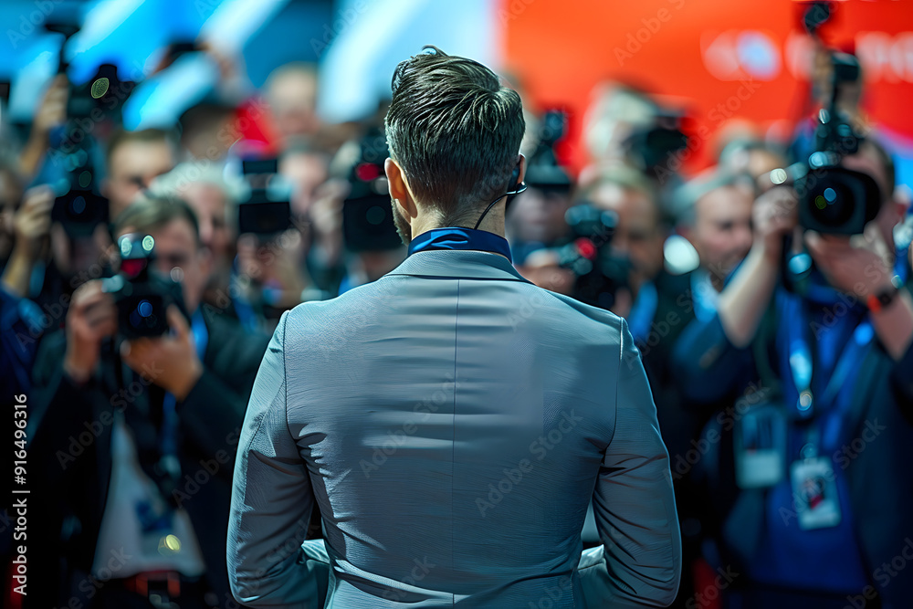 Fototapeta premium World press conference, the speaker facing the camera