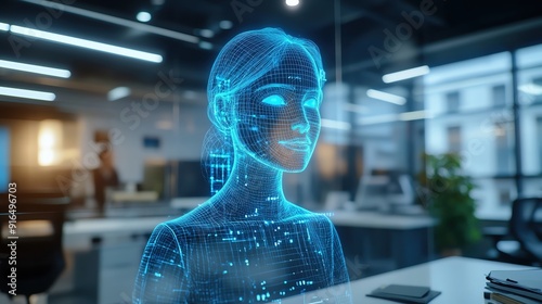 AI assistant hologram in a modern office, AI communication, workplace efficiency photo