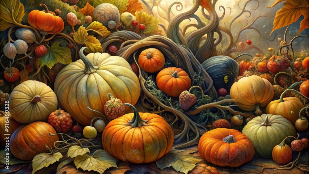 Artistic Display of Pumpkins and Gourds in Autumnal Scene, Rich Fall Colors and Foliage Artistic Display of Pumpkins and Gourds in Autumnal Scene, Rich Fall Colors and Foliage
