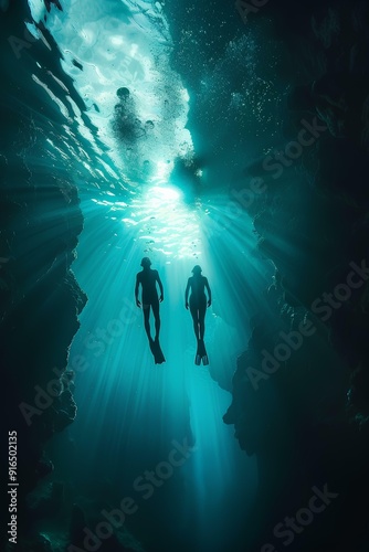 Wallpaper Mural Two people free diving into the ocean from an underwater cave, with dramatic light and dark blue and turquoise colors  Torontodigital.ca