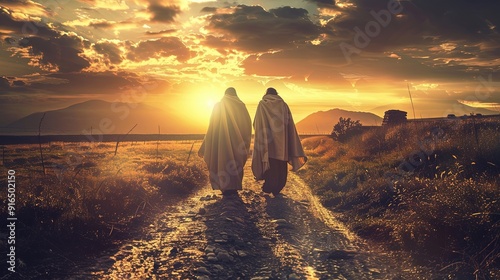 An Illustration of The Road to Emmaus - Jesus Walks with Followers