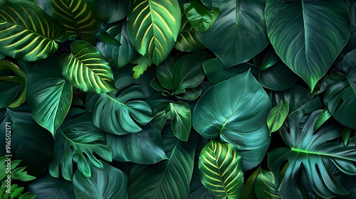 Wallpaper Mural A background of tropical leaves texture, overlapping leaf patterns with rich green tones, lush and dense foliage, vibrant and natural look, hd quality, natural look. --ar 16:9 --v 6. Torontodigital.ca