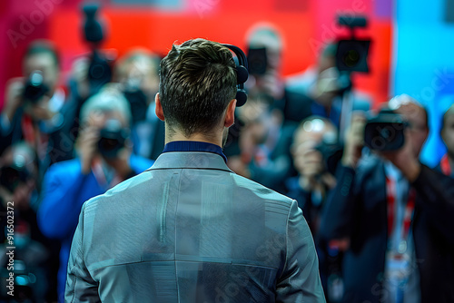 World press conference, the speaker facing the camera