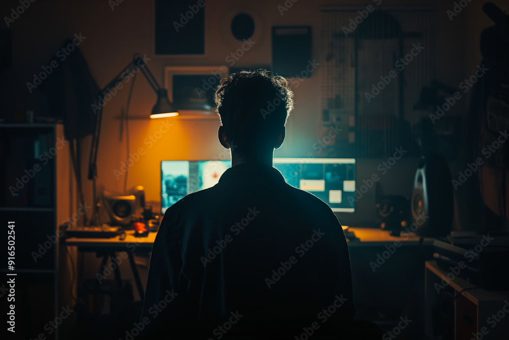 Silhouette of Man Working Late at Home Office With Multiple Screens and Ambient Lighting Silhouette of Man Working Late at Home Office With Multiple Screens and Ambient Lighting