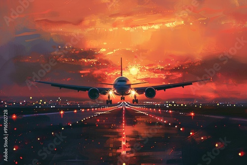 A passenger plane is landing at the airport against an orange and pink sky background. The lights of modern city street lamps glow in front, in style of modern cityscape at dusk.