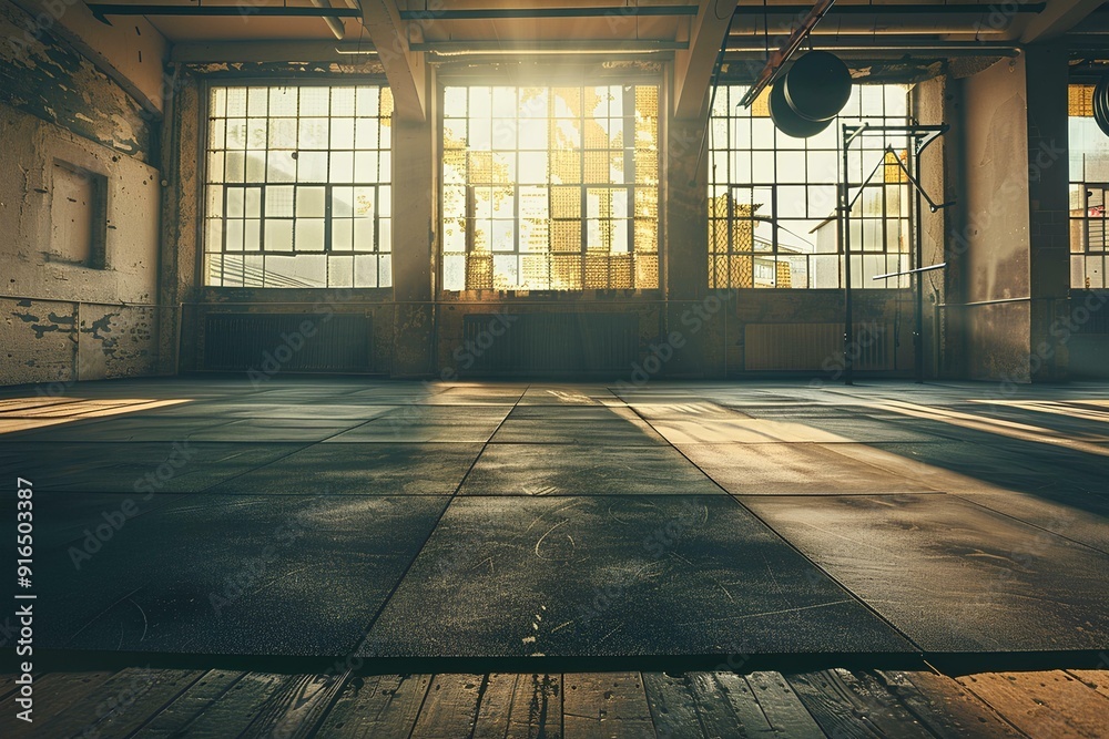 Empty gym with black floor, crossfit rings and windows in the background. Vintage industrial architecture. sunlight through window. Empty gym with black floor, crossfit rings and windows in the background. Vintage industrial architecture. sunlight through window.