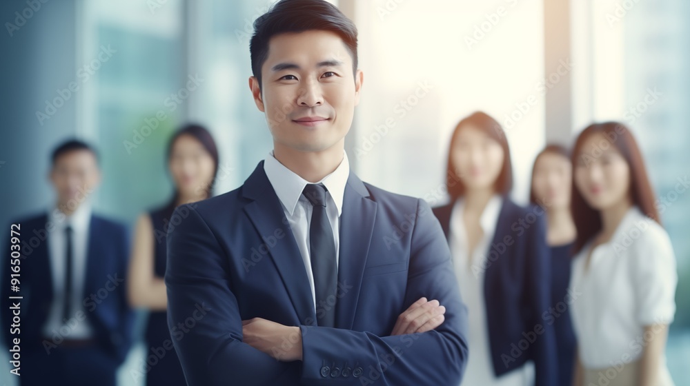 Leadership in Focus: Confident Team Leader with Colleagues in Background Leadership in Focus: Confident Team Leader with Colleagues in Background