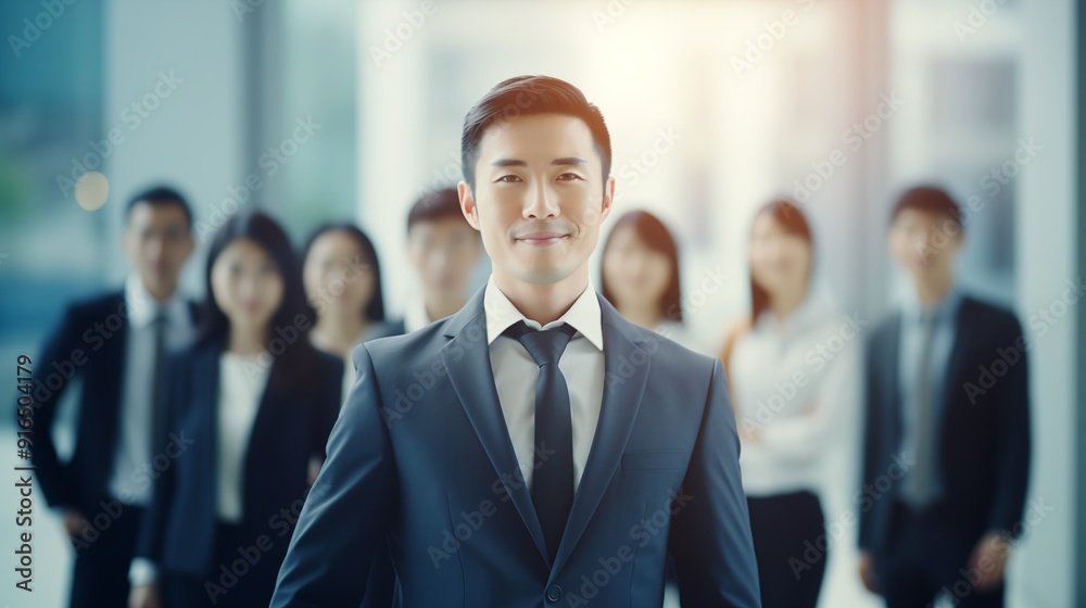 Leadership in Focus: Confident Team Leader with Colleagues in Background Leadership in Focus: Confident Team Leader with Colleagues in Background