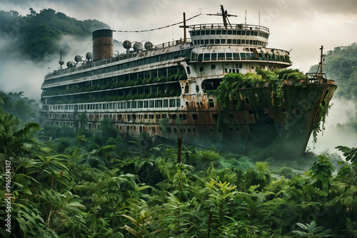 Explore the haunting beauty of an ancient, rusted ship stranded in a lush, misty jungle. This image evokes themes of sustainability and the passage of time. photo