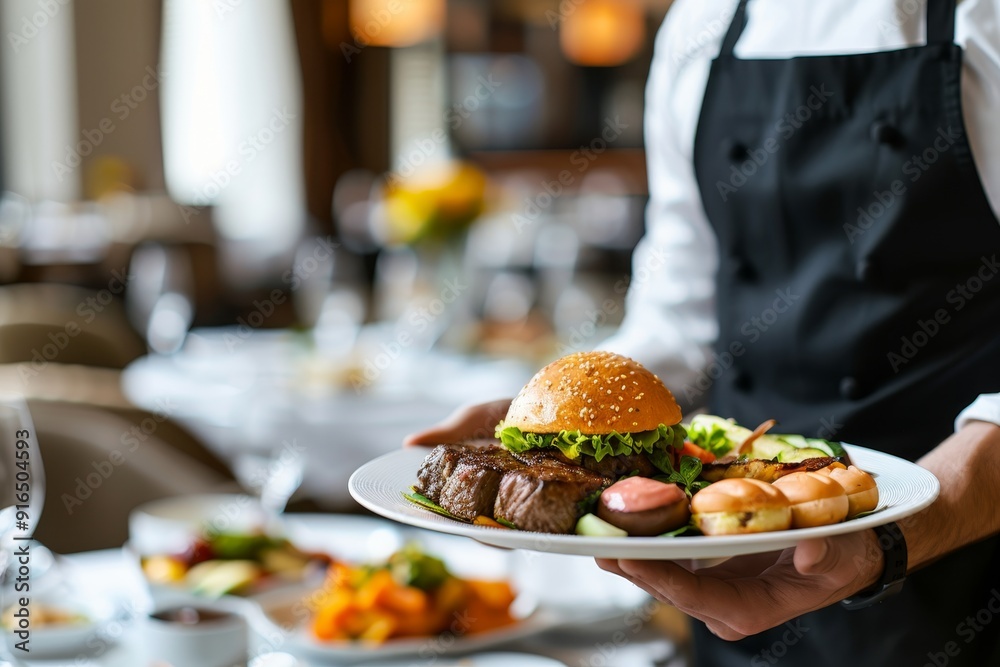 Waiter Serving Burger, Fries And Steak In Restaurant, Hospitality And Fine Dining Concept. Waiter Serving Burger, Fries And Steak In Restaurant, Hospitality And Fine Dining Concept.