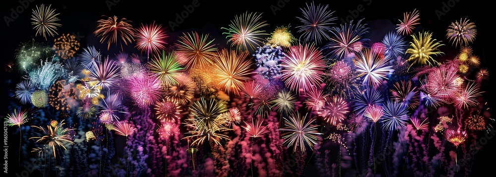 Fototapeta premium A vibrant display of colorful fireworks lighting up the night sky, creating an enchanting and festive atmosphere for celebration events or holiday celebrations