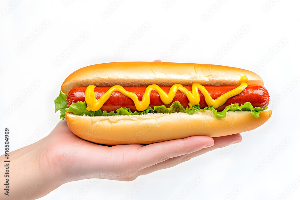 Hand holding a hotdog with ketchup and mustard isolated on a white background Hand holding a hotdog with ketchup and mustard isolated on a white background