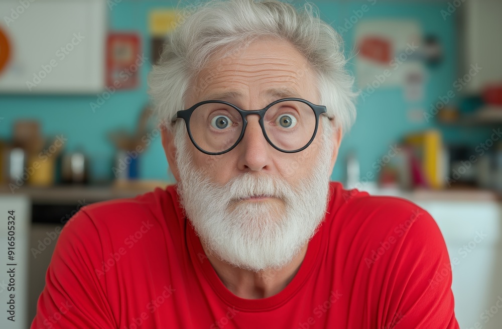 A man with a beard and glasses is wearing a red shirt and looking surprised. The image has a lighthearted and humorous mood
