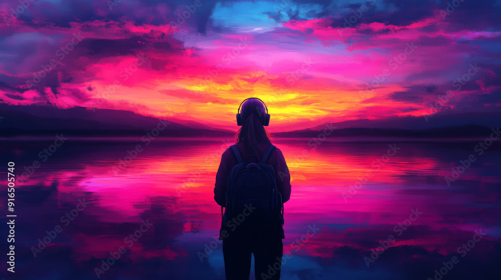 Serene Sunset: Girl with Backpack and Headphones in Abstract Watercolor Serene Sunset: Girl with Backpack and Headphones in Abstract Watercolor