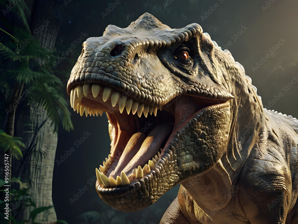 Fototapeta premium close up of a tyrannosaurus rex،tyrannosaurus rex in the forest،tyrannosaurus rex dinosaur