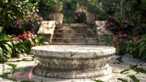 A stone pedestal sits in front of a stone staircase