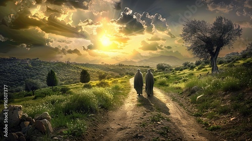 A Beautiful Illustration of Jesus Walking on the Road to Emmaus with Disciples