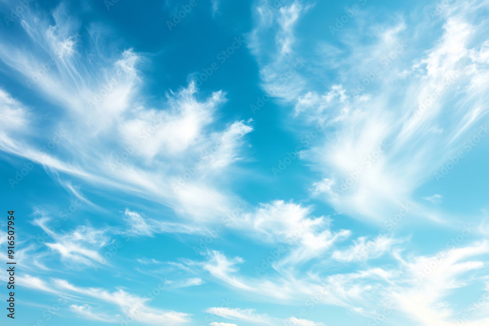 Wispy clouds against a clear blue sky, focus on natural beauty and serene atmosphere Wispy clouds against a clear blue sky, focus on natural beauty and serene atmosphere
