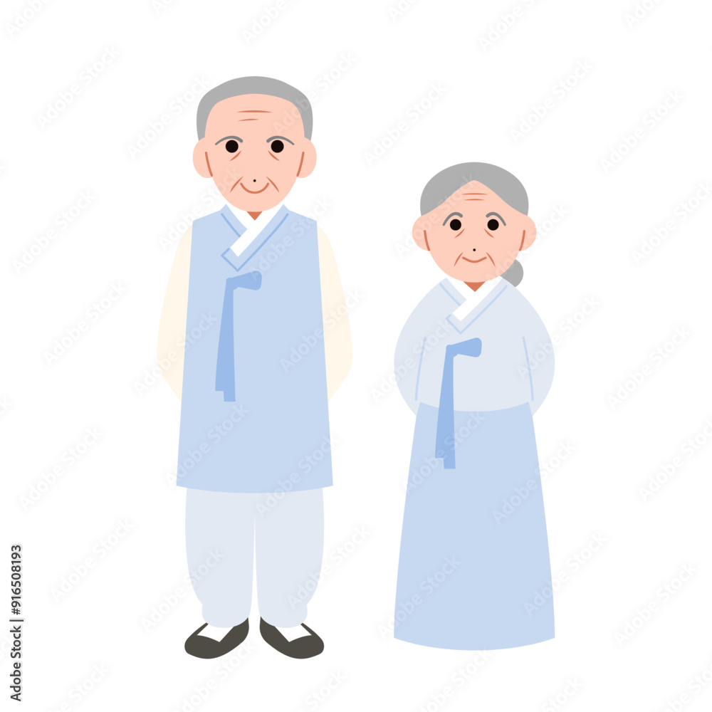 Illustration of old couple in Hanbok, Korean traditional clothes. Cartoon style character drawing. Illustration of old couple in Hanbok, Korean traditional clothes. Cartoon style character drawing.