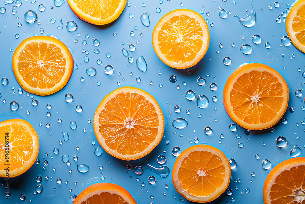 Orange slices and whole orange, shot from above, making a fun pattern on a bright background. Orange slices and whole orange, shot from above, making a fun pattern on a bright background.