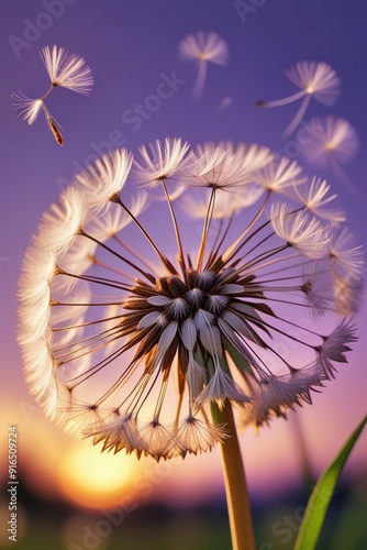 Dandelion seeds gently blowing in the wind, vertical compostion