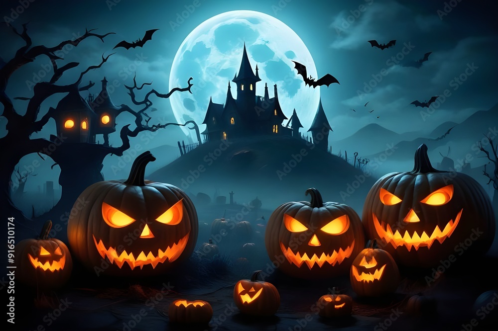 Fototapeta premium Halloween background with scary pumpkins candles in the graveyard at night with a castle background
