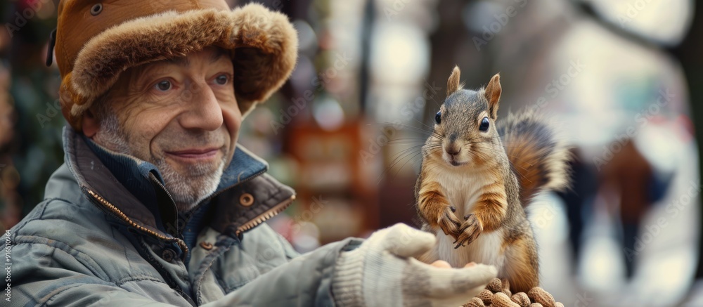 Man Feeding Squirrel in Winter Man Feeding Squirrel in Winter