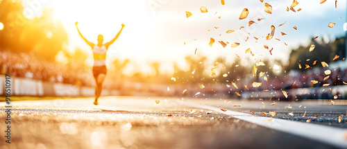 Athlete crossing the finish line arms raised in victory. Fighting for gold medal. Concept of sport winner in golden light.