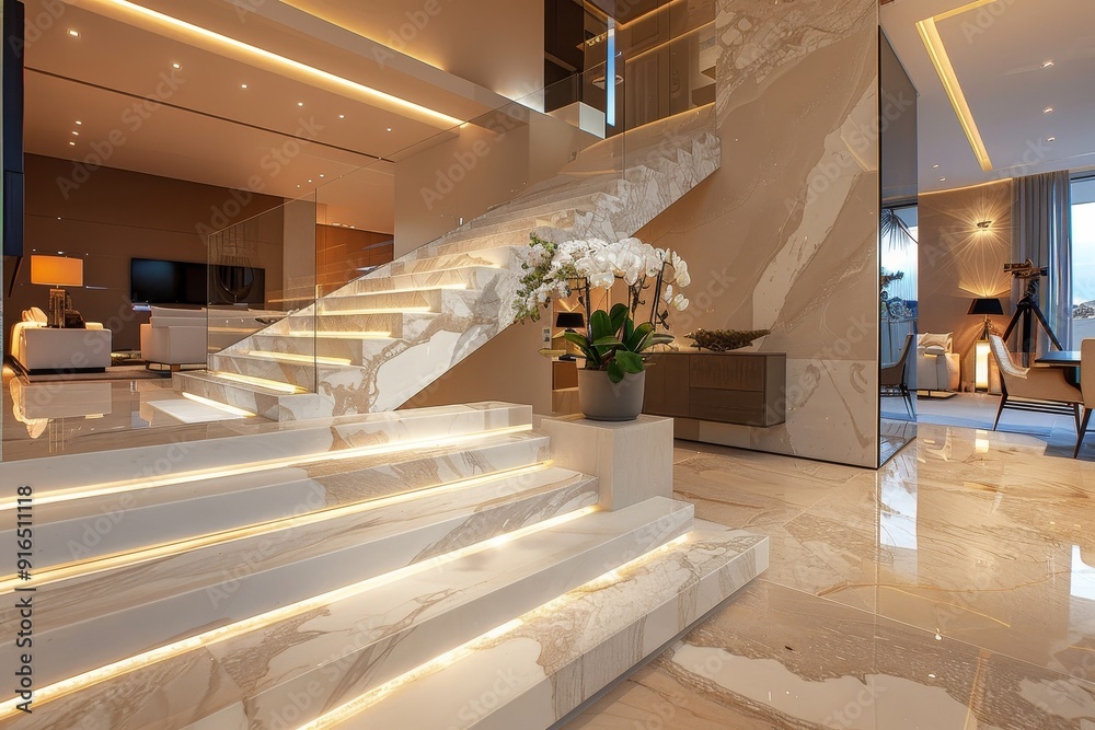 Sleek marble stone staircase leading to a modern interior, combining ...