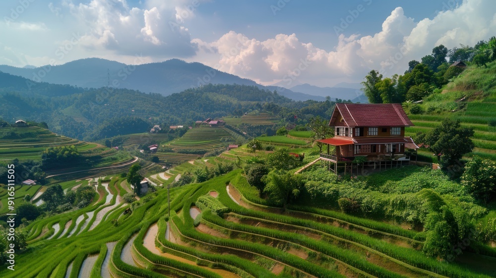 Rice Terraces and House in a Mountainous Landscape Rice Terraces and House in a Mountainous Landscape