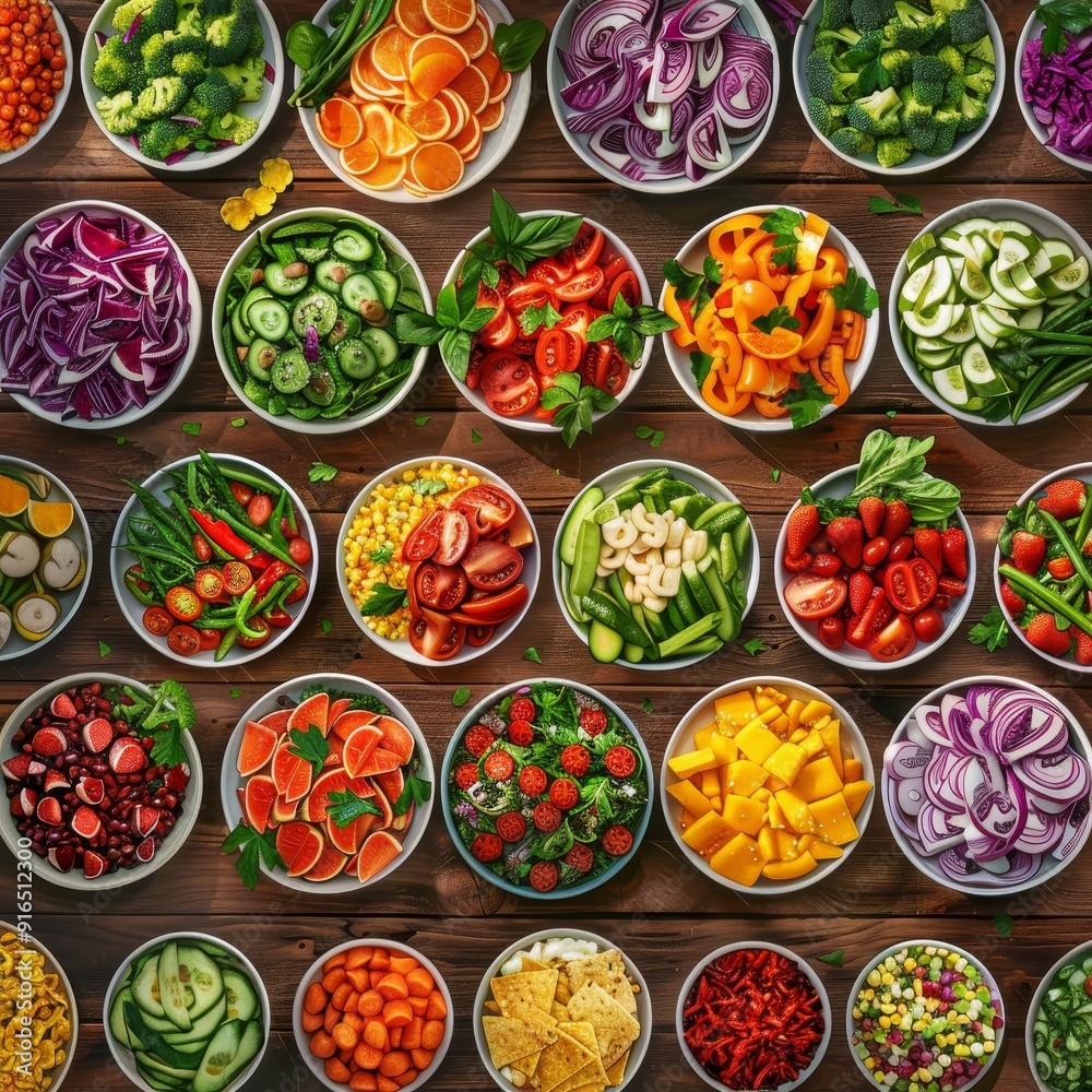 Top-down view of assorted fresh vegetables and fruits in colorful bowls on wooden table promoting healthy eating Top-down view of assorted fresh vegetables and fruits in colorful bowls on wooden table promoting healthy eating